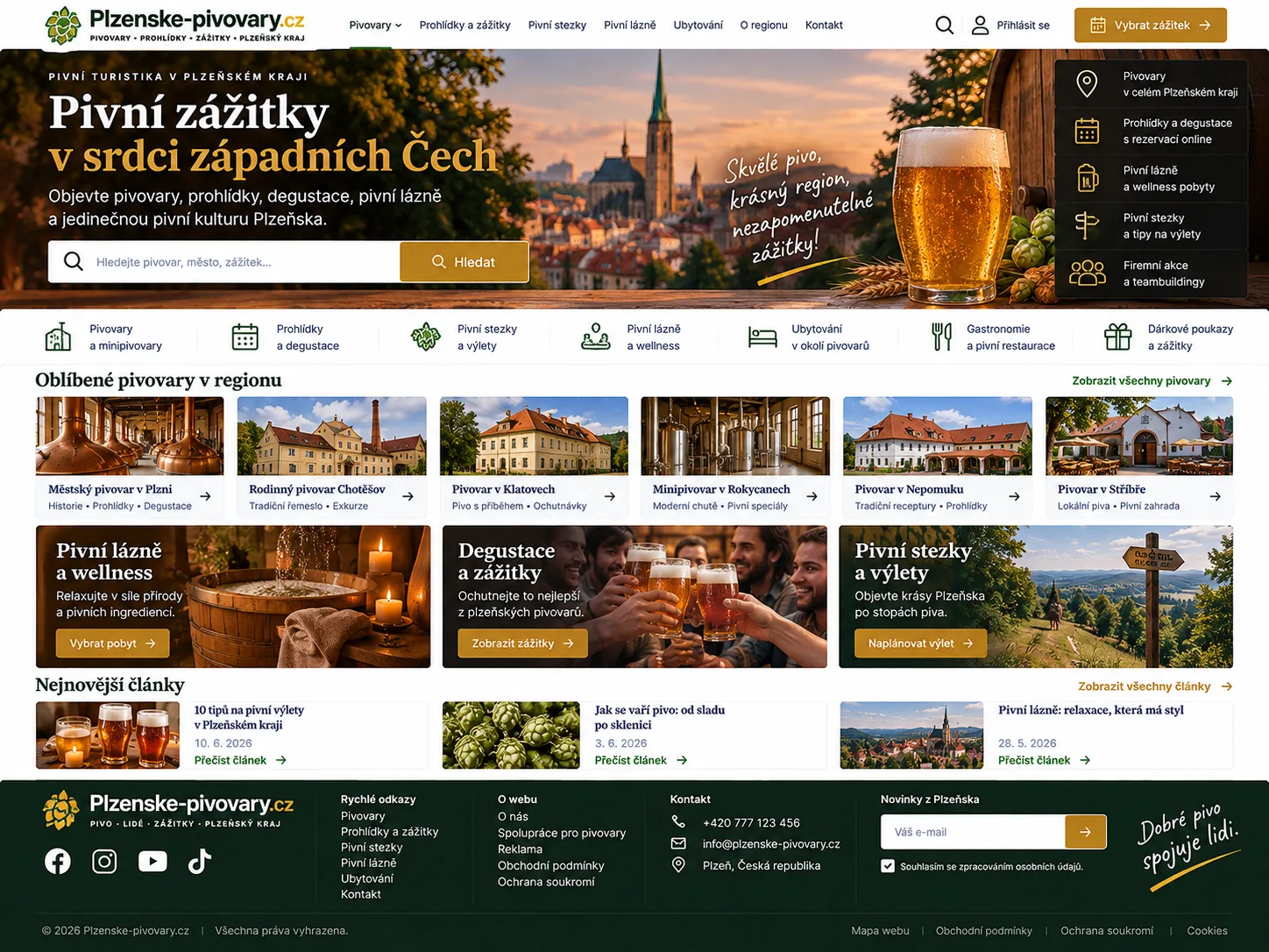 Ilustrační návrh platformy plzeňských pivovarů v tmavě zelené, zlaté a krémové